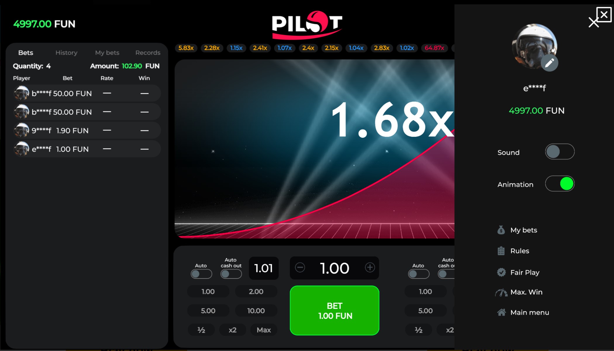 Pilot by Gamzix game menu